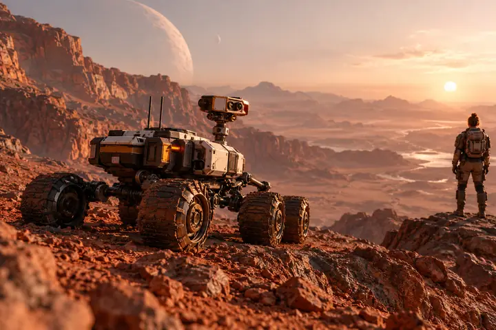 Petit rover futuriste sur une lune désertique rouge sous un ciel pâle