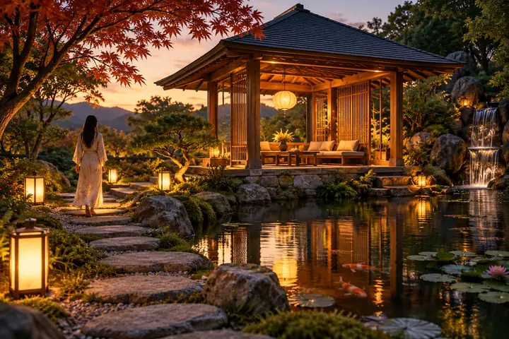 Petit pavillon de jardin au bord d’un étang, avec un chemin de pierre et des lanternes
