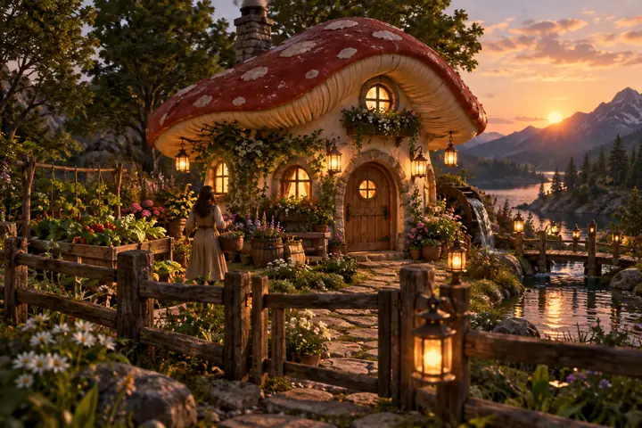 Chalet champignon chaleureux avec des lanternes et un jardin clôturé
